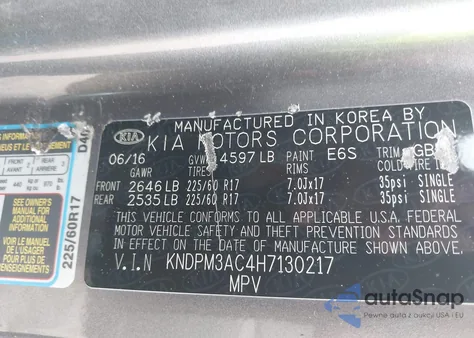 2017 Kia Sportage Lx z USA, uszkodzony, nr VIN KNDPM3AC4H7130217